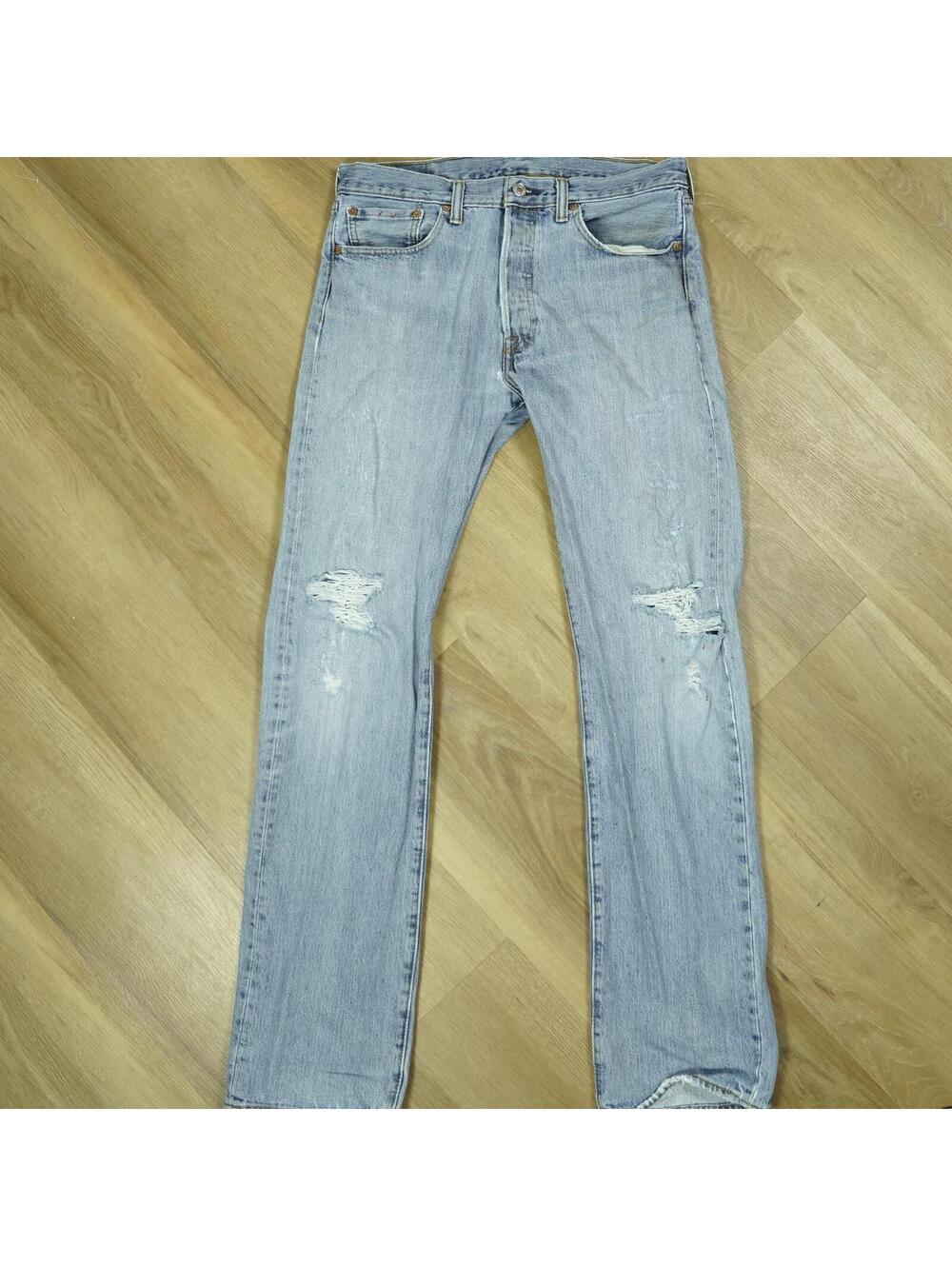 Levi's 501 Light Blue Distressed Denim Jeans Button Fly 33x34, Classic Americana